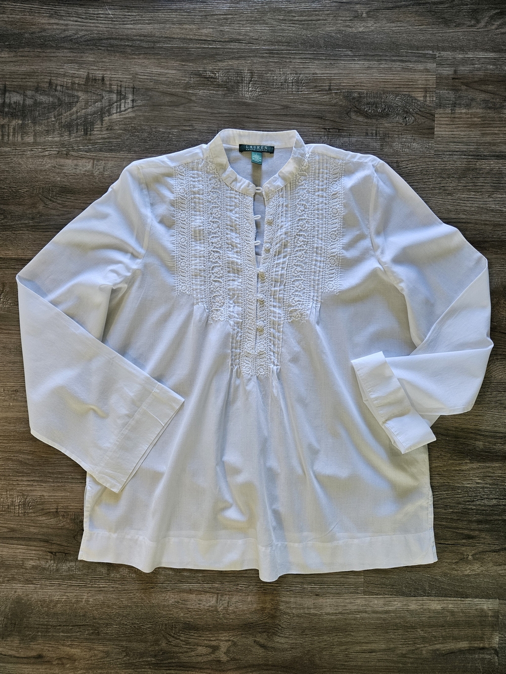 Lauren Ralph Lauren White Embroidered Pintuck Popover Blouse